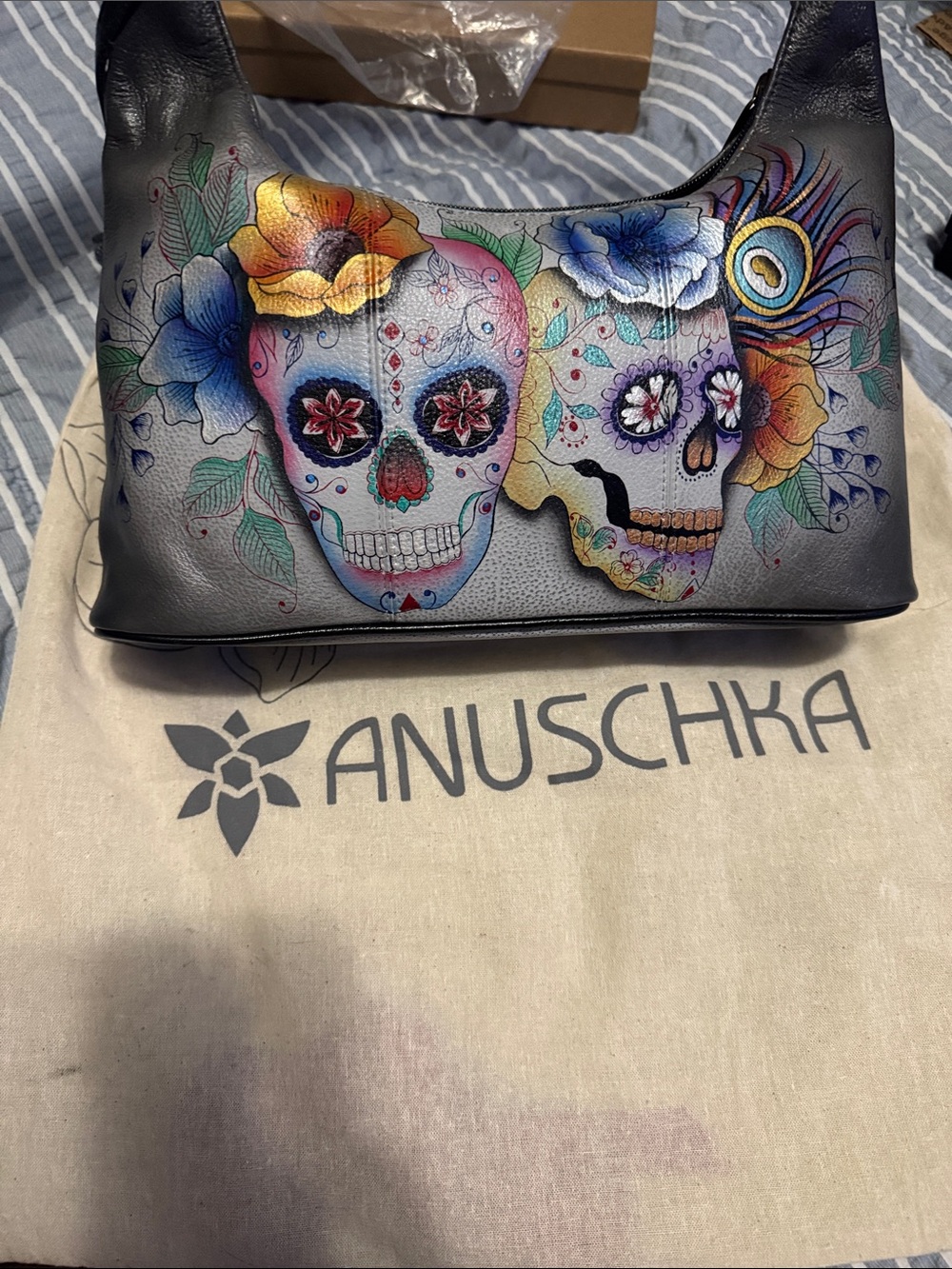 Anuschka Black Leather Shoulder Bag with Multicolor Floral Sugar Skulls